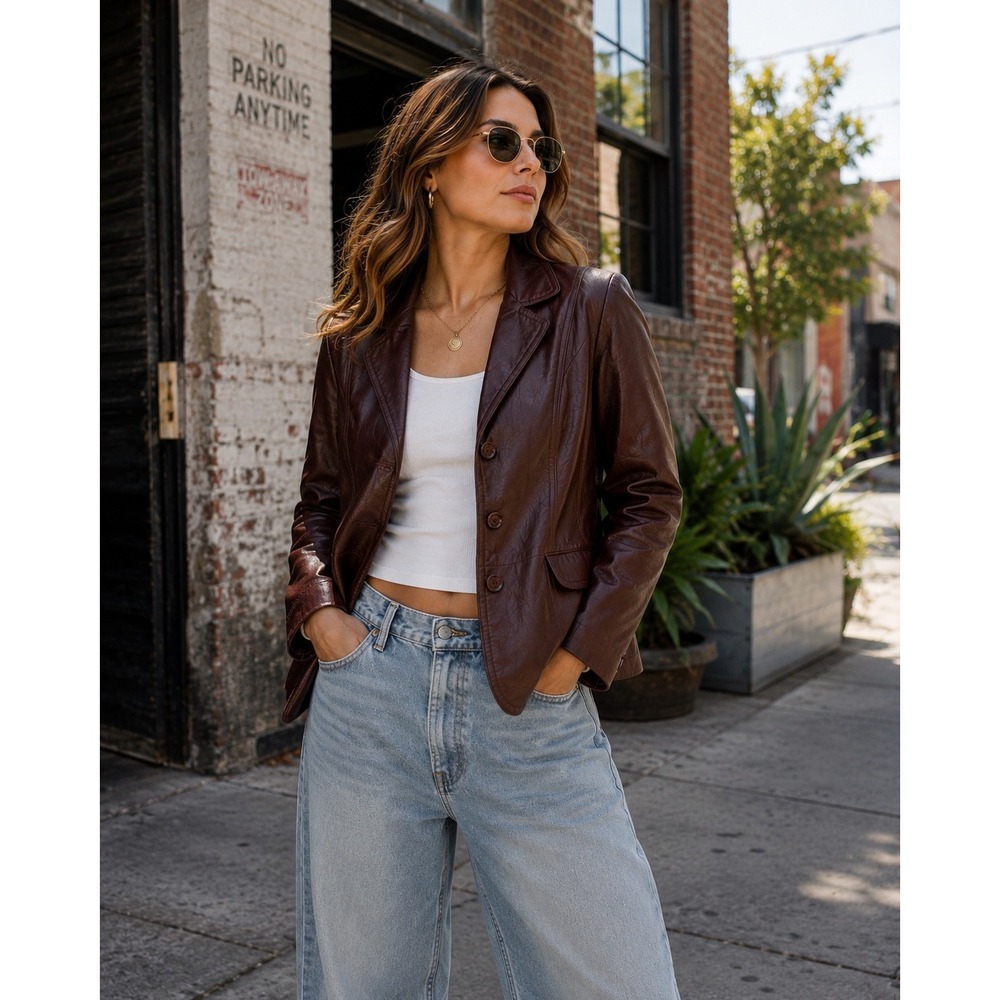 Vintage Y2K 90's Leather Blazer Jacket Women Burgundy Brown Luxe Chic Retro Sz L